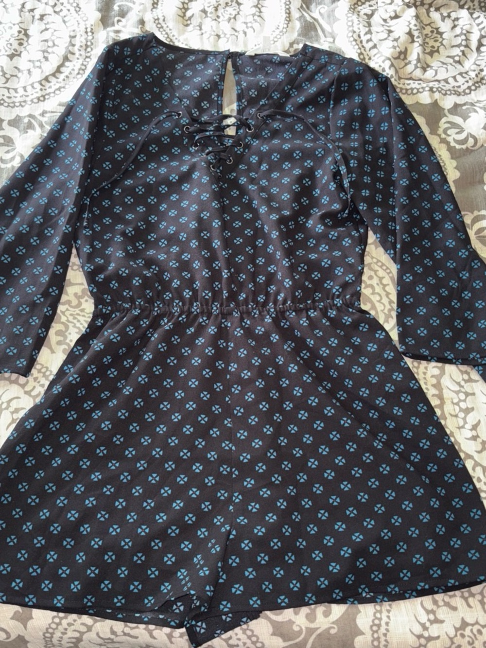 Jack by BB Dakota Navy Long-Sleeve romper with Light Blue Print